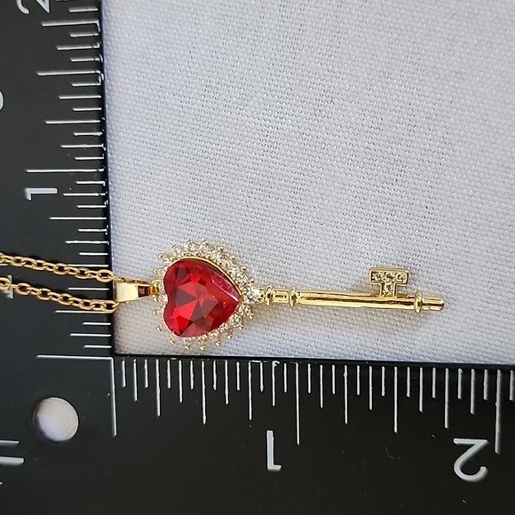 Gold Chain Necklace with Red CZ Heart Key Pendant - Picture 8 of 8